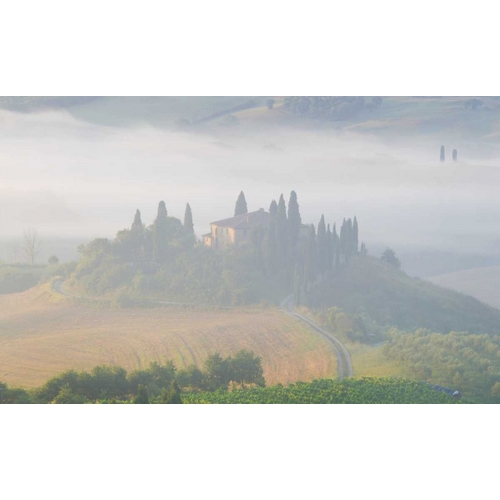 Italy, Tuscany Belvedere house in morning fog